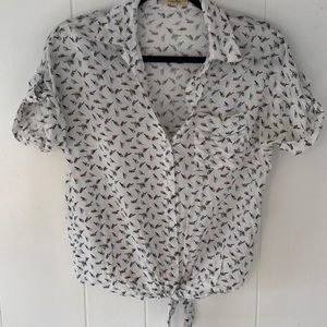 White button down with bird print and tie